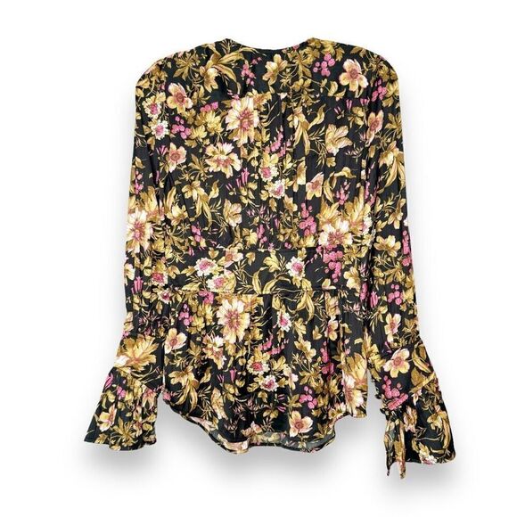 Anthropologie Deep-V Tunic Floral Black Motif Blouse Top Button Corset Peplum S - Picture 6 of 12